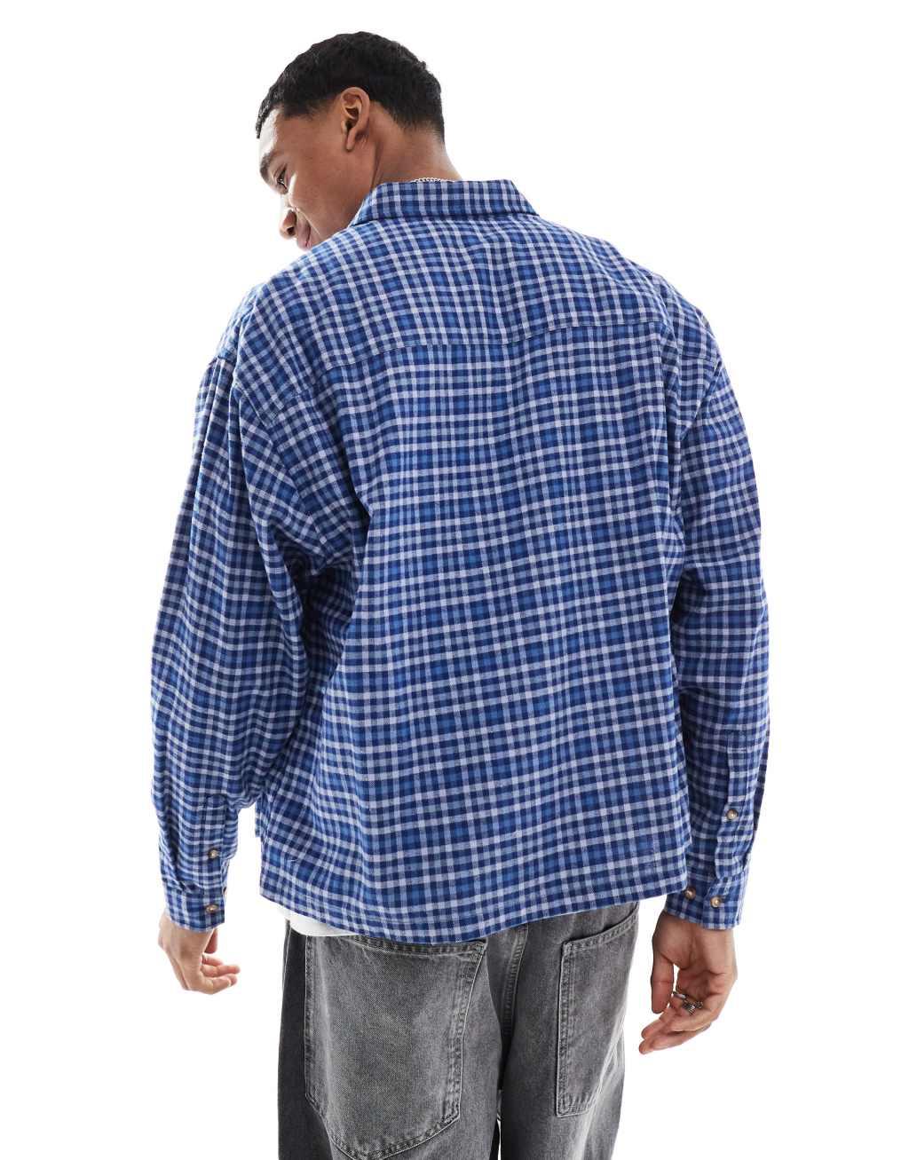 ASOS DESIGN boxy oversized long sleeve shirt in blue dad check Product Image