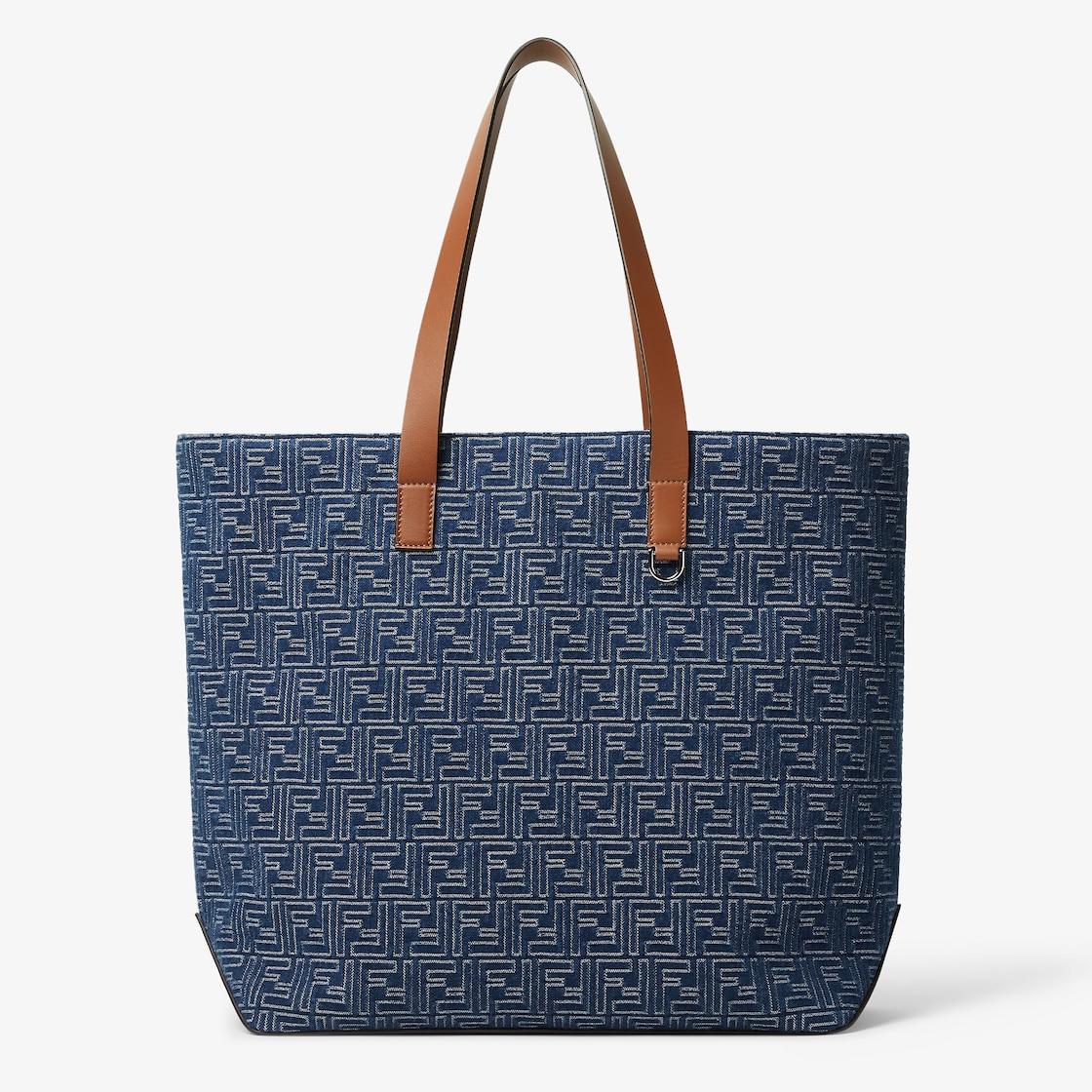 FF Shopping Bag MediumBlue denim-effect FF Jacquard and brown leather bag Product Image