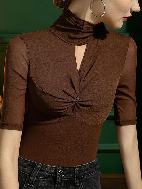 Half Sleeves Plus Size Gauze Hollow Pleated See-Through Split-Joint High Neck T-Shirts Product Image
