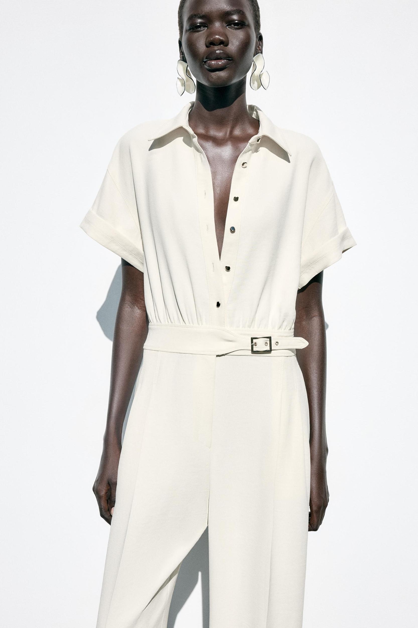 CREPE LONG JUMPSUIT WITH WAIST BUCKLE Product Image