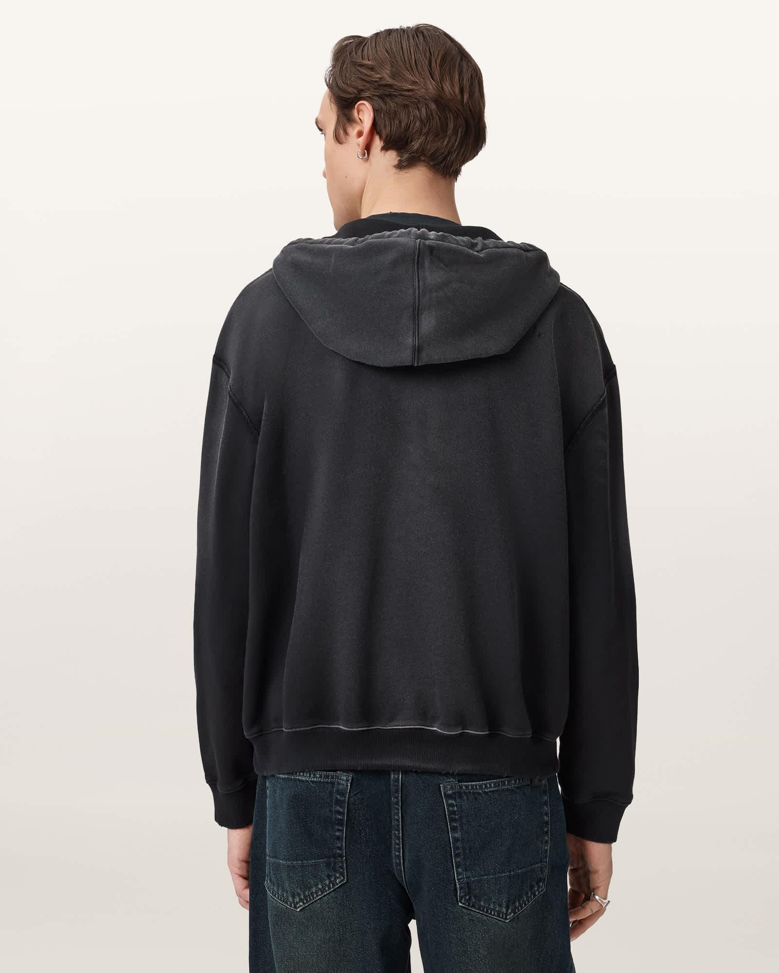 Roque Zip Up Graphic Hoodie Washed Black | ALLSAINTS US Product Image