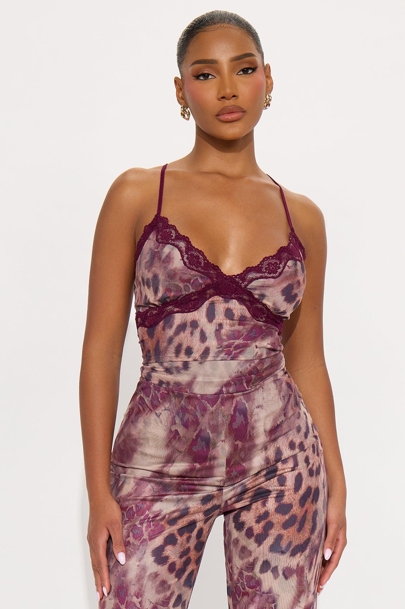 Sarah Mesh Leopard Flare Leg Jumpsuit - Burgundy/combo Female Product Image