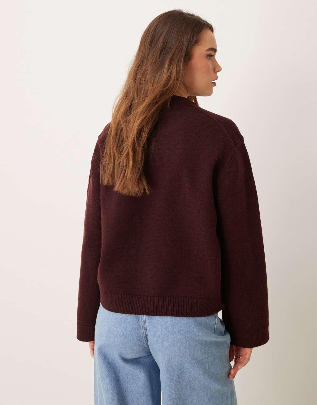 GINA TRICOT crew neck knit sweater with wide sleeves in dark wine burgundy Product Image