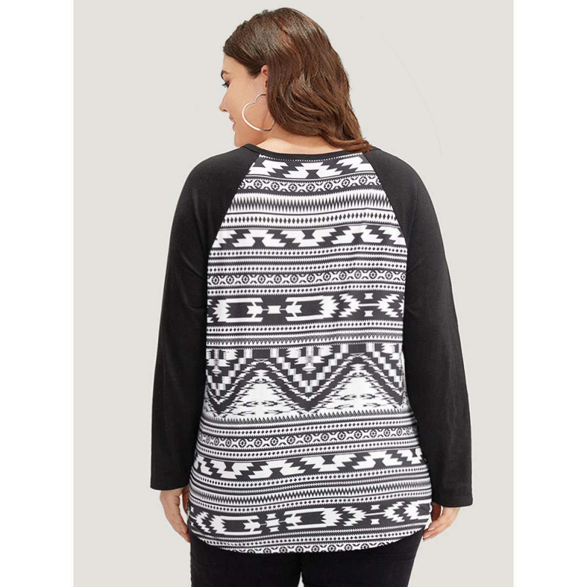 Plus Size Geometric Patchwork Button Down T-shirt Black Women Casual Contrast Geometric Open Front Dailywear T-shirts BloomChic 18-20/2X Product Image