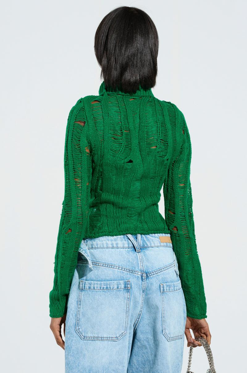 SEXY LOOSE WEAVE HIGH NECK SWEATER IN GREEN Product Image