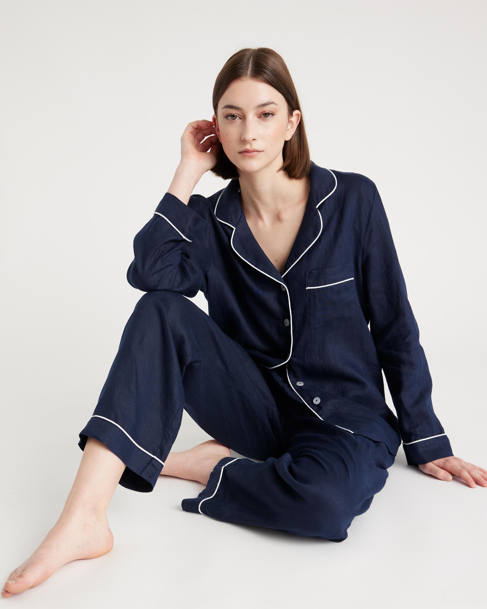 Quince | Women's 100% European Linen Long Sleeve Pajama Set with Piping Size XS Product Image