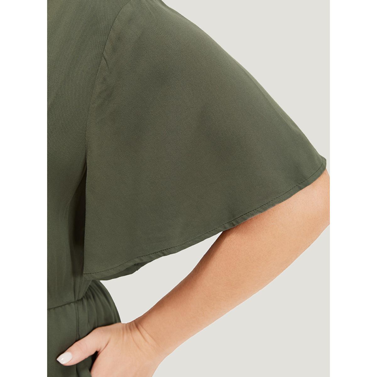 Plus Size ArmyGreen Plain Pocket Wrap Cut Out Knotted Hem Jumpsuit Women Office Short sleeve V-neck Work Loose Jumpsuits BloomChic 26/4X Product Image