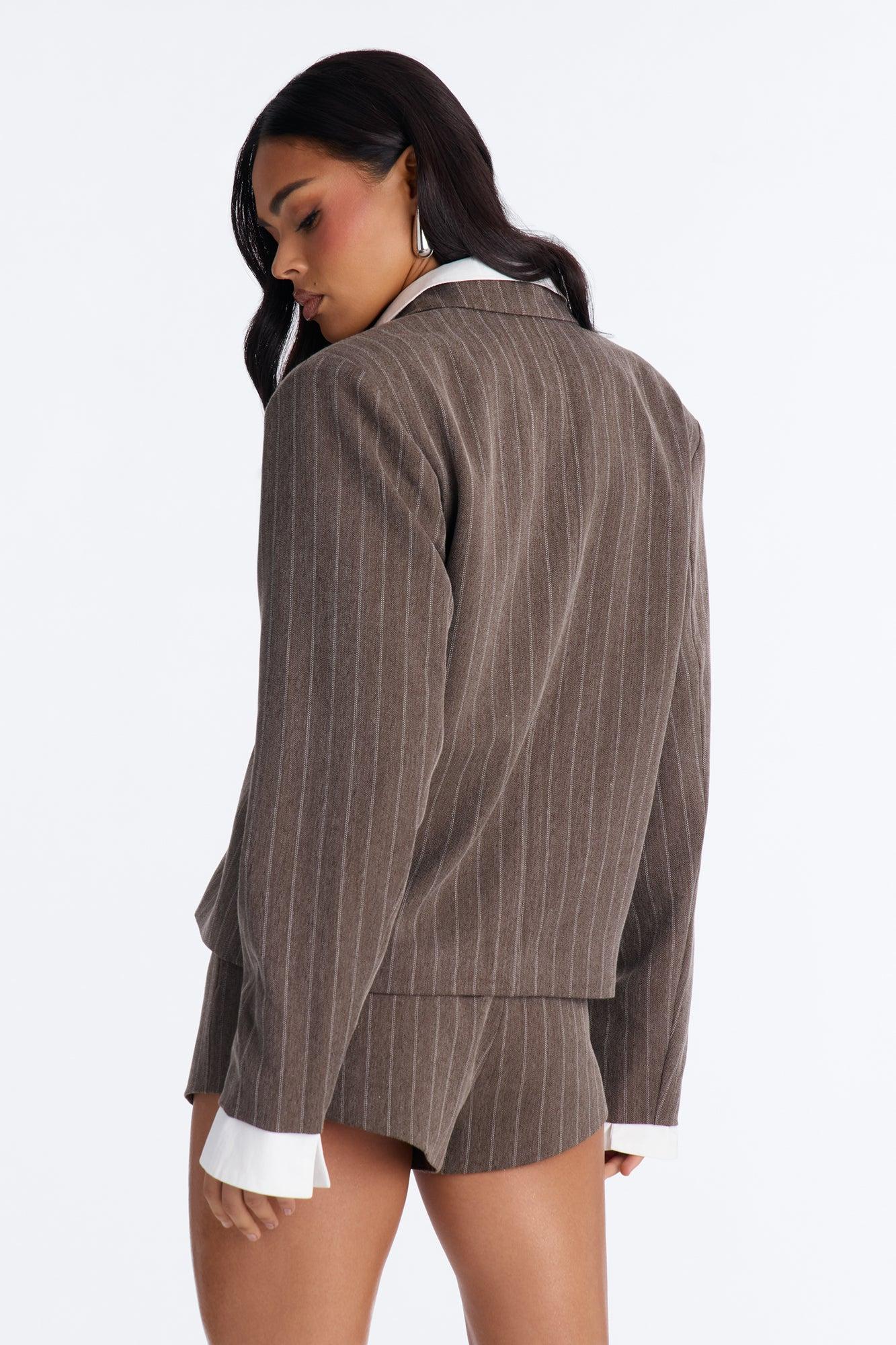 So Much Tea Pinstripe Blazer - Brown Female Product Image
