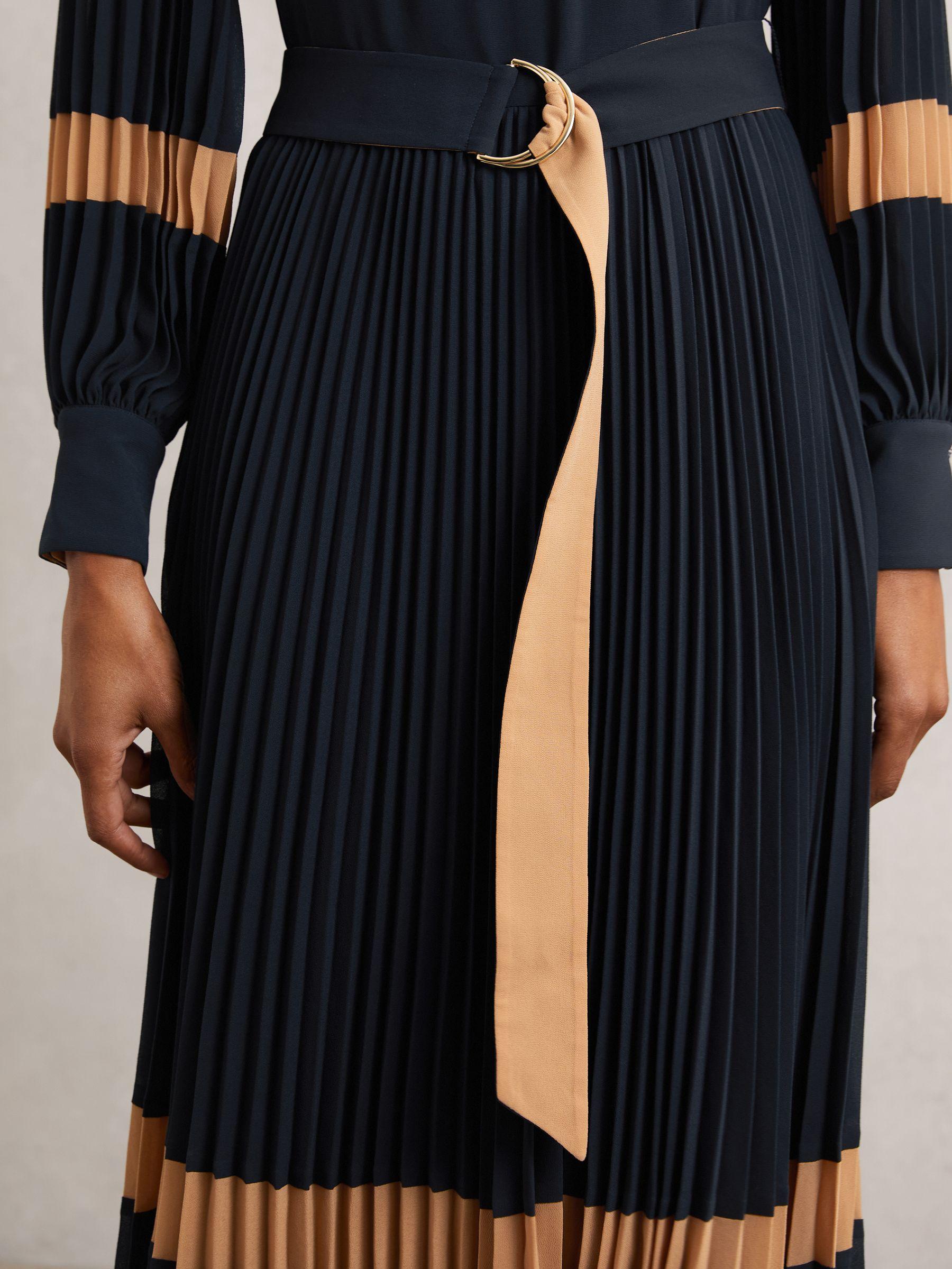 Colour-Block Pleated Midi Dress in Navy/Camel Product Image