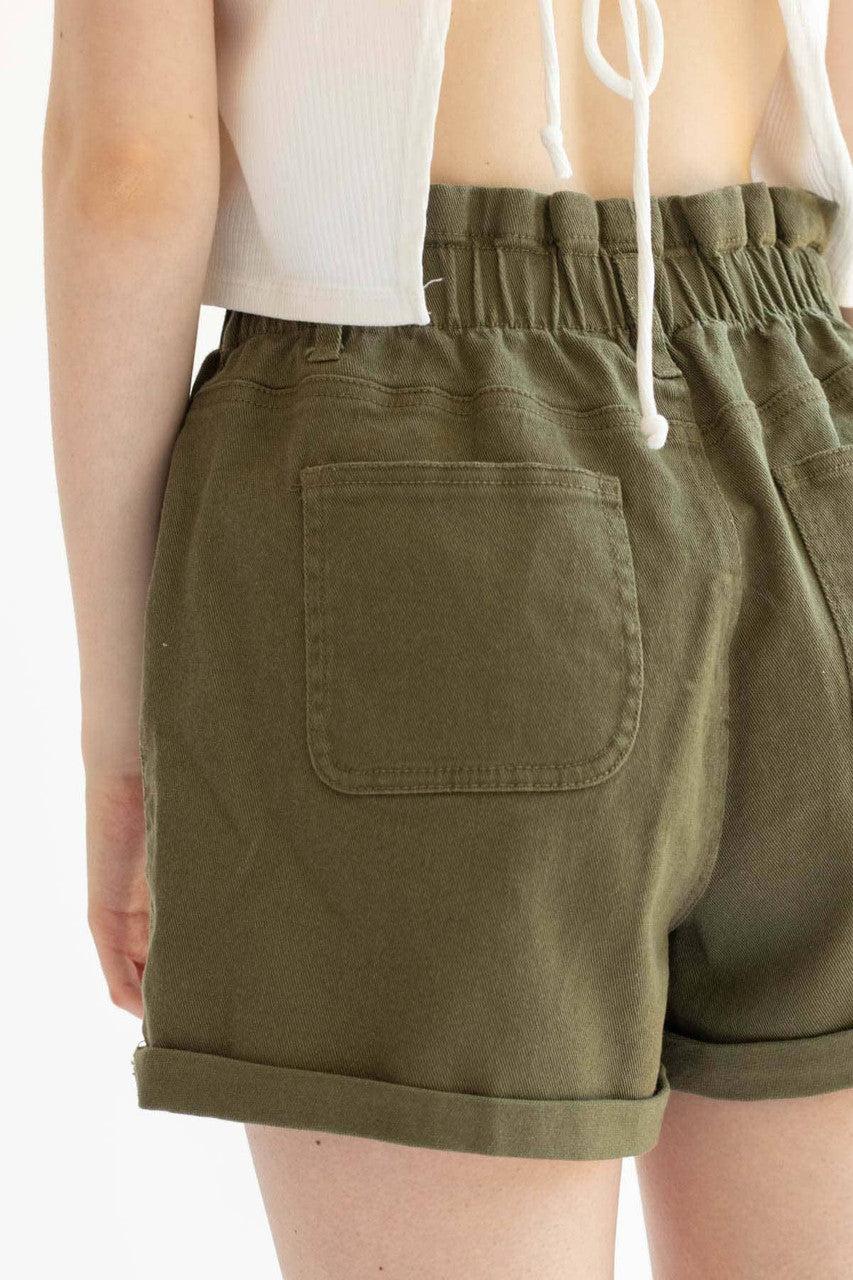 Olive Cuffed Paper Bag Waist Denim Shorts Product Image