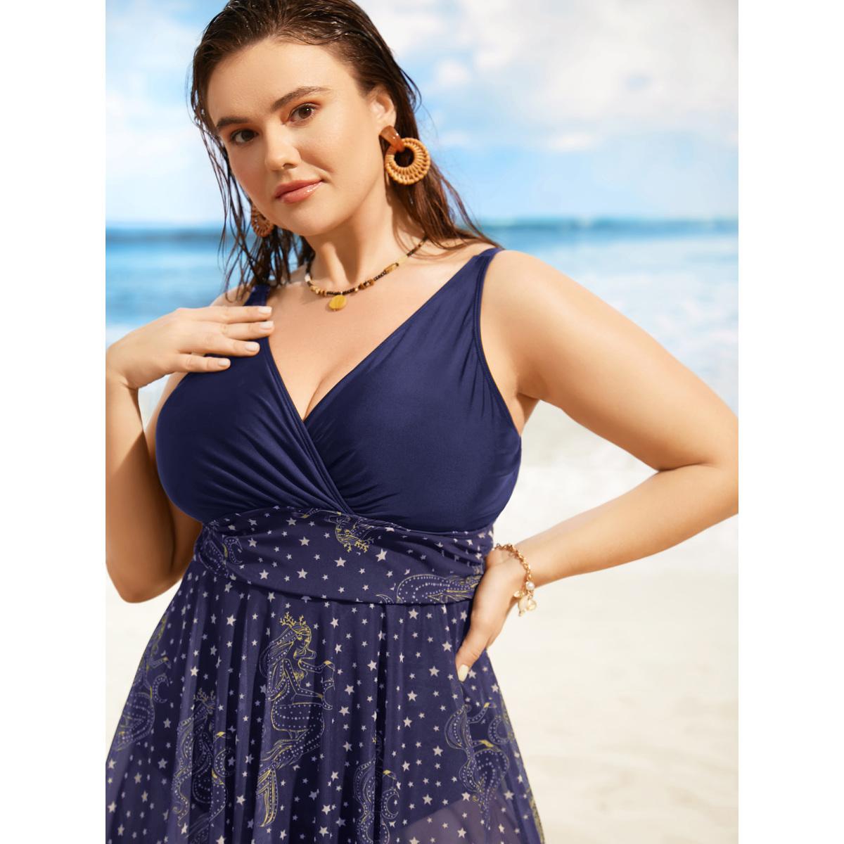 Plus Size Overlap Collar Moon & Star Patchwork Mwsh Swim Dress Women's Swimwear Indigo Beach Bodycon Overlap Collar High stretch Curve Swim Dresses BloomChic 14-16/1X Product Image