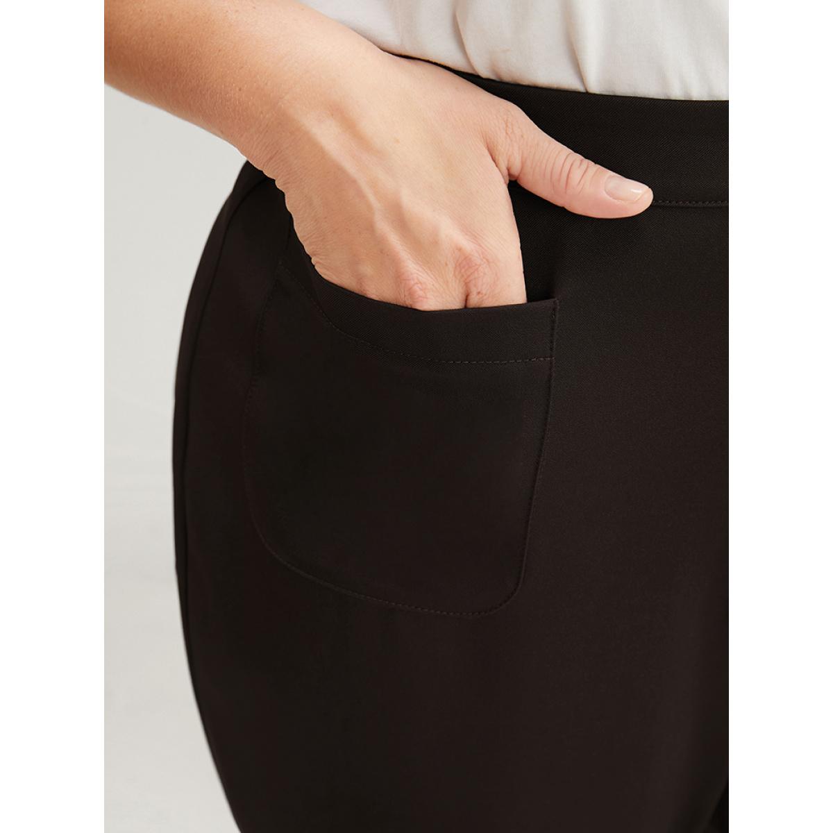 Plus Size Plain Pocket Front Wide Leg High Rise Pants Women DarkBrown Office Wide Leg High Rise Work Pants BloomChic 30/6X Product Image