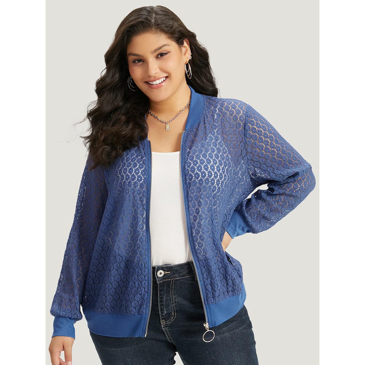 Plus Size Plain Lace Patchwork Zipper Cut Out Jacket Women Aegean Plain Dailywear Jackets BloomChic 26/4X Product Image