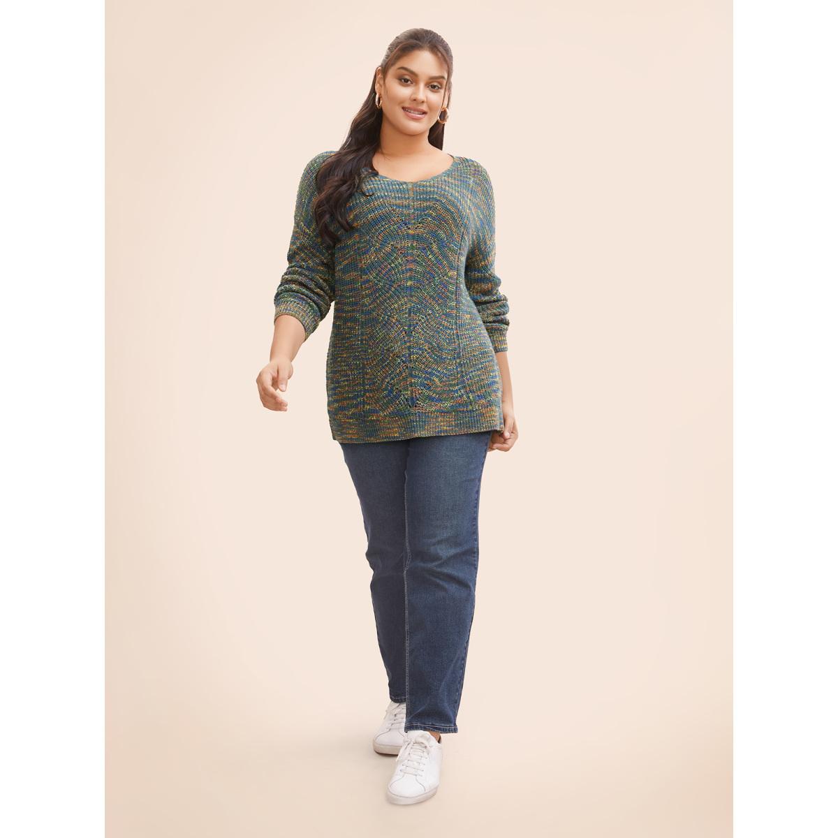 Plus Size V Neck Texture Heather Cable Knit Pullover Multicolor Women Casual Long Sleeve V-neck Everyday Pullovers BloomChic 22-24/3X Product Image