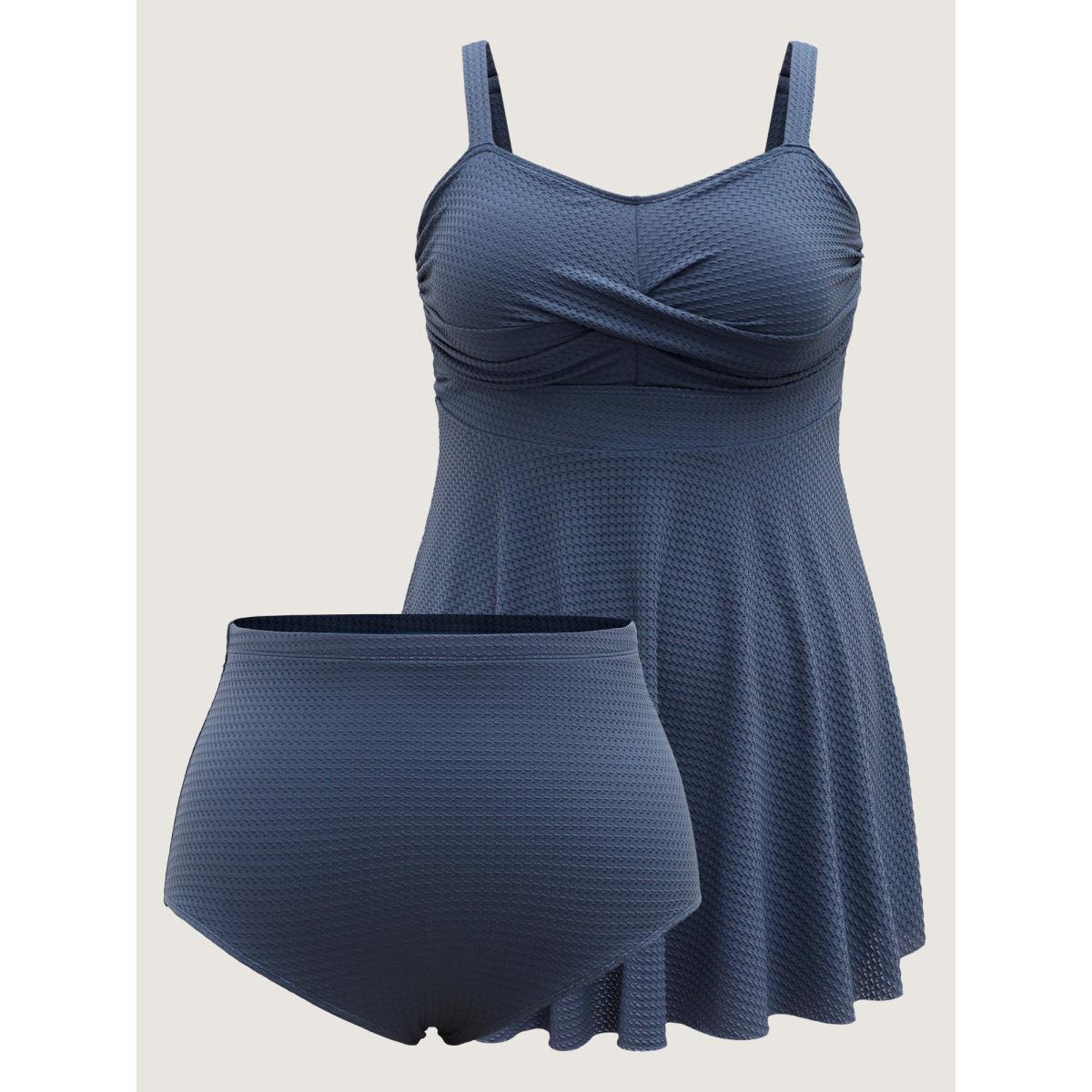 Plus Size Textured Twist Front Solid Swim Dress Women's Swimwear Indigo Resort Bodycon Heart neckline High stretch Curve Swim Dresses BloomChic 18-20/2X Product Image