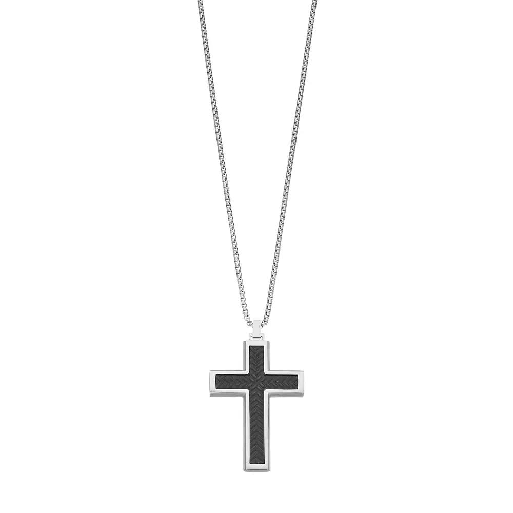 LYNX Men's Two Tone Stainless Steel Textured Cross Pendant Necklace, Size: 24" Product Image