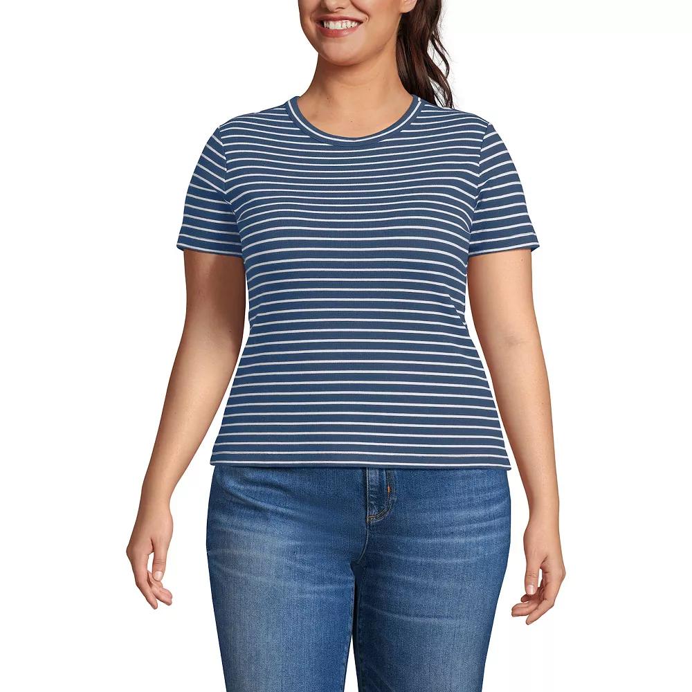 Plus Size Lands' End Drapey Rib Fitted Short Sleeve T-Shirt, Women's, Size: 1XL, Navy Ivory Stripe Product Image