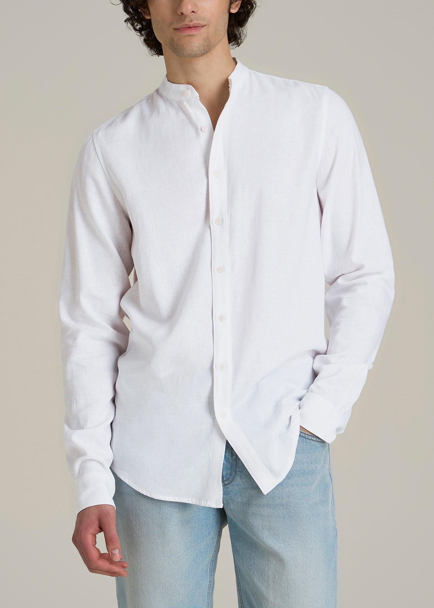 Band Collar Linen Button Shirt for Tall Men in Optic White Male Product Image