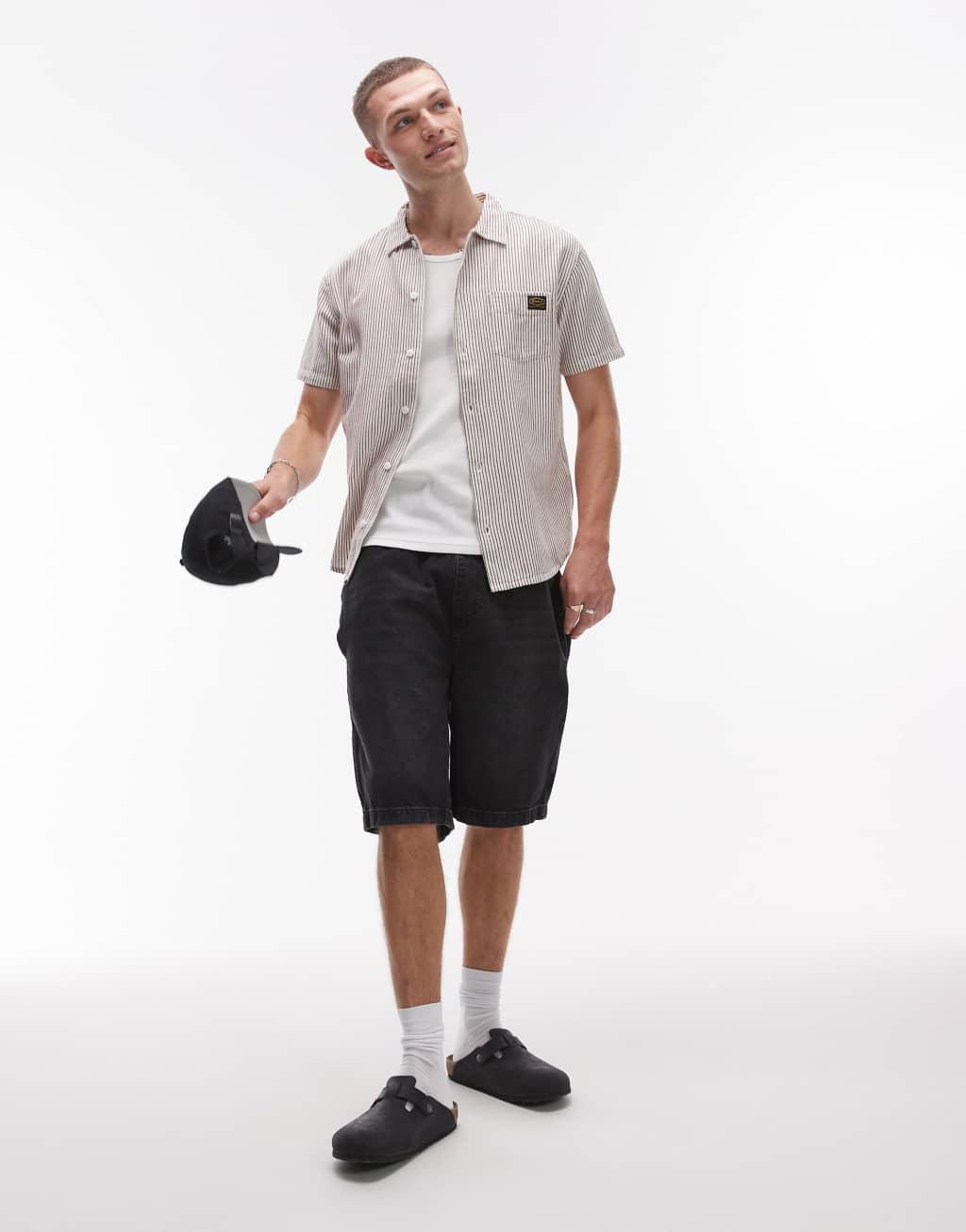 RVCA dayshift striped short sleeve shirt in natural Product Image