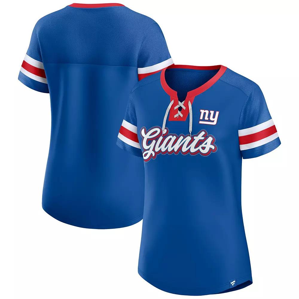 Women's Fanatics Royal New York Giants True Catch Iconic Rhinestone Bling Athena Lace-Up T-Shirt,  Product Image