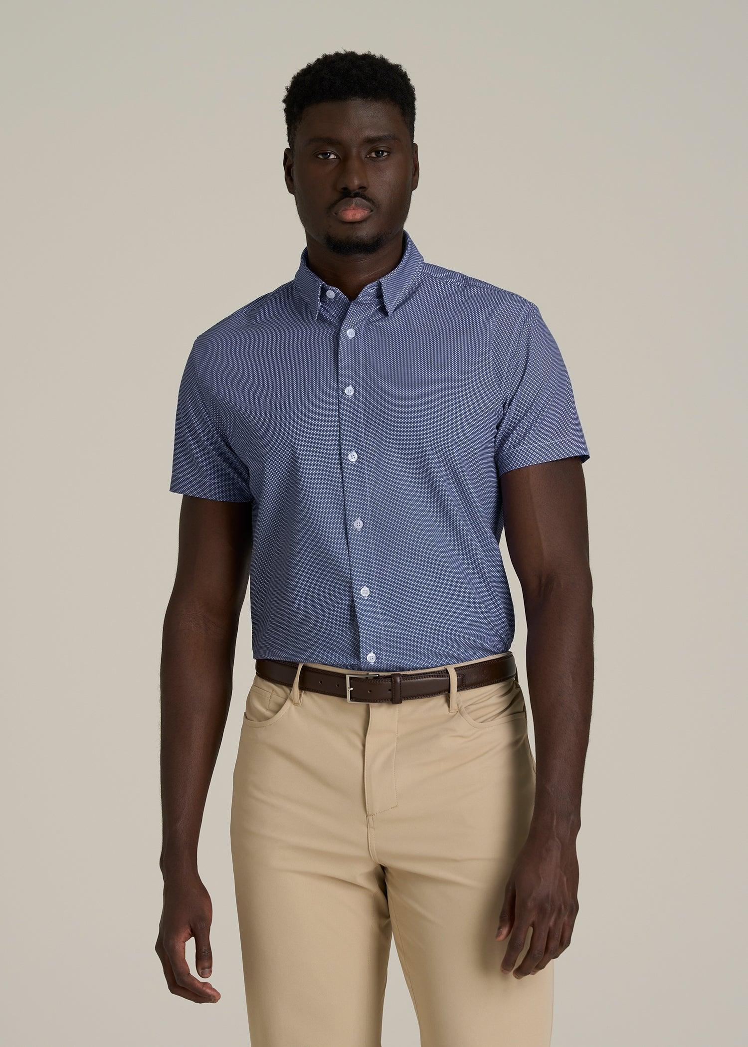 Short Sleeve Traveler Stretch Button Shirt for Tall Men in Royal Blue Geometric Male Product Image