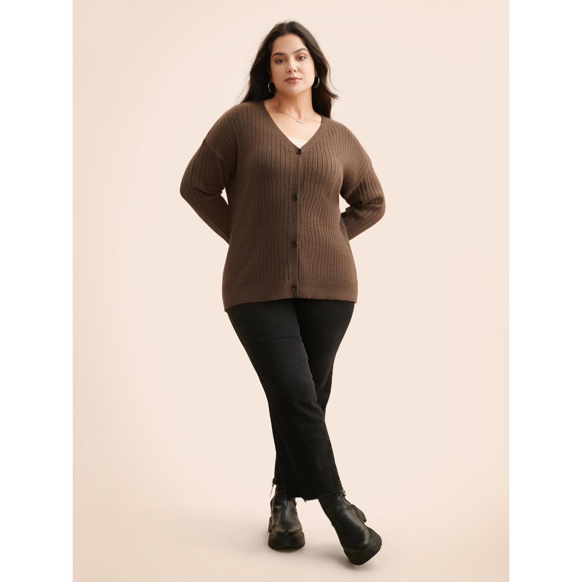 Plus Size Supersoft V-Neck Cable Knit Cardigan Browncoffeecolor Women Casual Loose Long Sleeve Everyday Cardigans BloomChic 14-16/1X Product Image