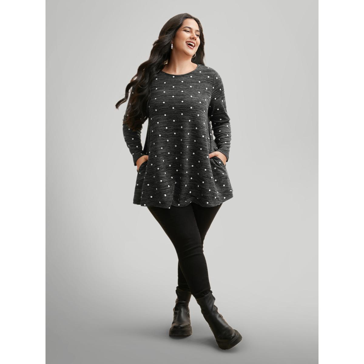 Plus Size Heather Polka Dot Pocket T-shirt DimGray Women Casual Non Round Neck Loose Everyday T-shirts BloomChic 22-24/3X Product Image