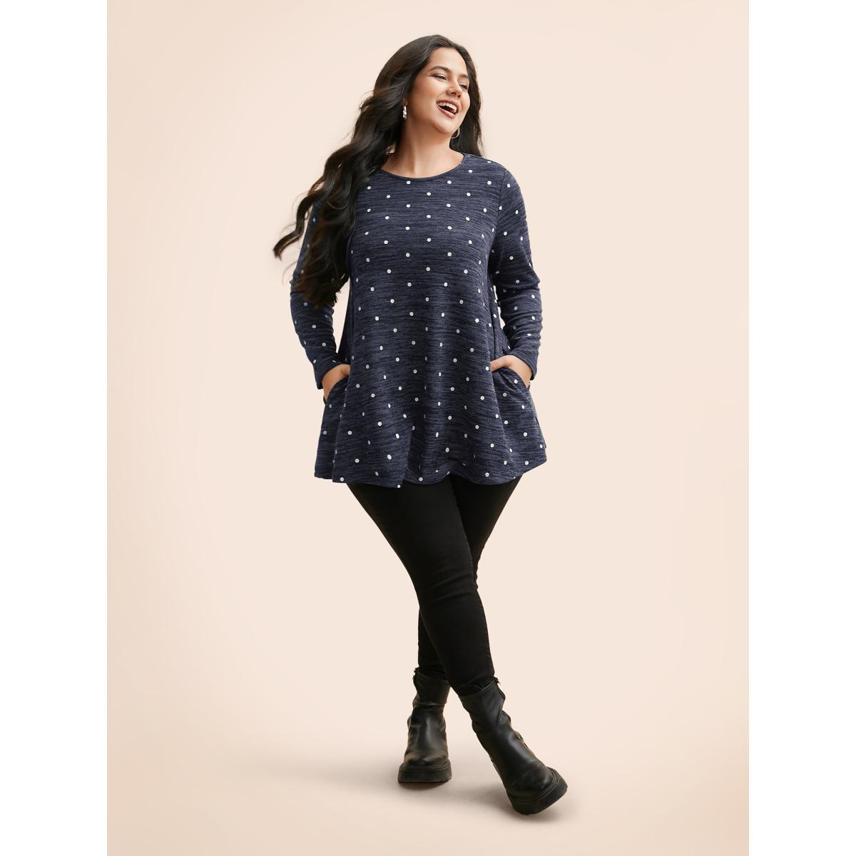 Plus Size Heather Polka Dot Pocket T-shirt DarkBlue Women Casual Non Round Neck Loose Everyday T-shirts BloomChic 30/6X Product Image