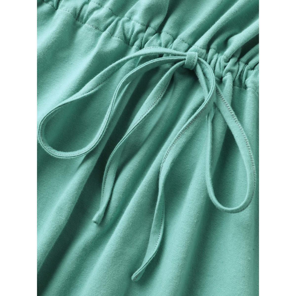 Plus Size Pure Cotton Waist-Tie Plain T-Shirt Turquoise Women Drawstring Boat Neck Vacation T-shirts BloomChic 22-24/3X Product Image