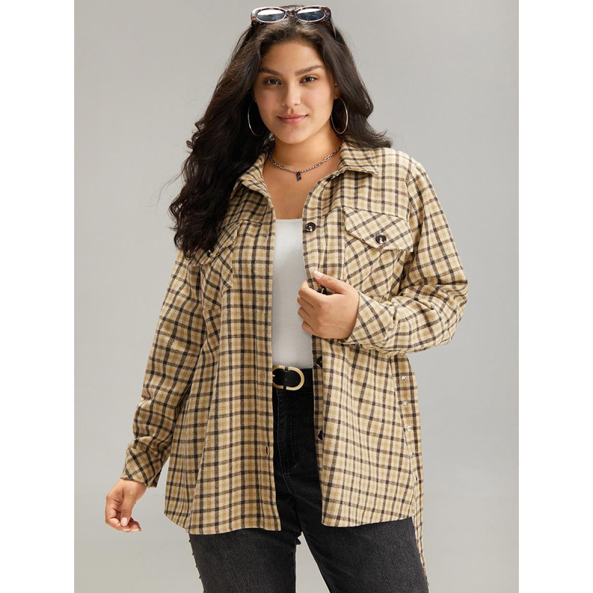 Plus Size Gingham Pocket Button Through Belted Coat Women Tan Casual Belted Ladies Dailywear Winter Coats BloomChic 28/5X Product Image