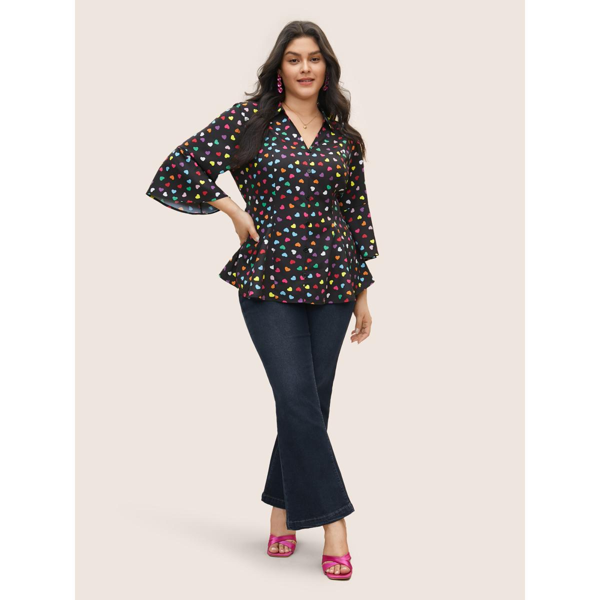 Plus Size Black Colour Heart Print Bell Sleeve Blouse Women Elegant Elbow-length sleeve Shirt collar Everyday Blouses BloomChic 18-20/2X Product Image