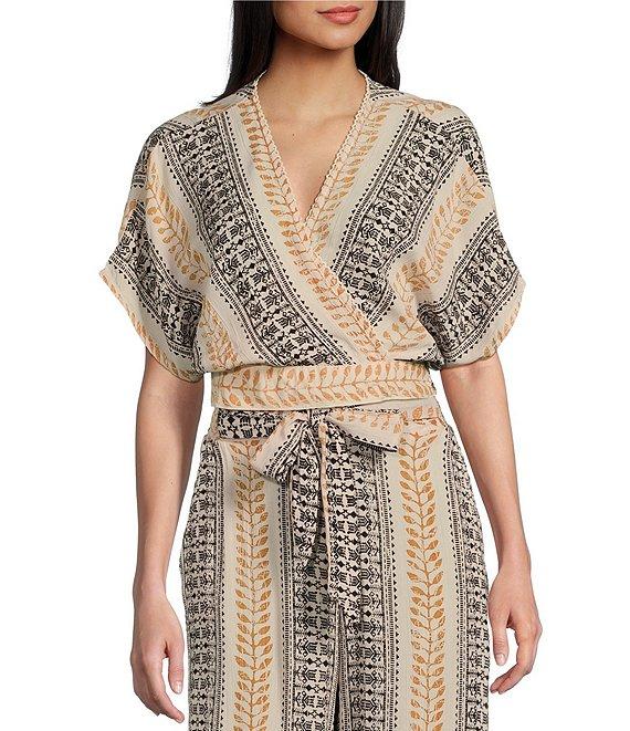 Angie Printed Surplus V-Neck Flutter Sleeve Wrap Cropped Top Product Image