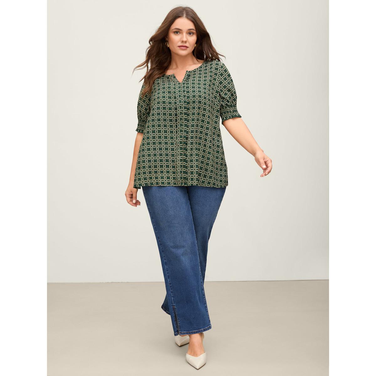 Plus Size DarkGreen Floral Shirred Split Neckline Blouse Women Short sleeve Flat collar with V-notch Work Blouses BloomChic 26/4X Product Image