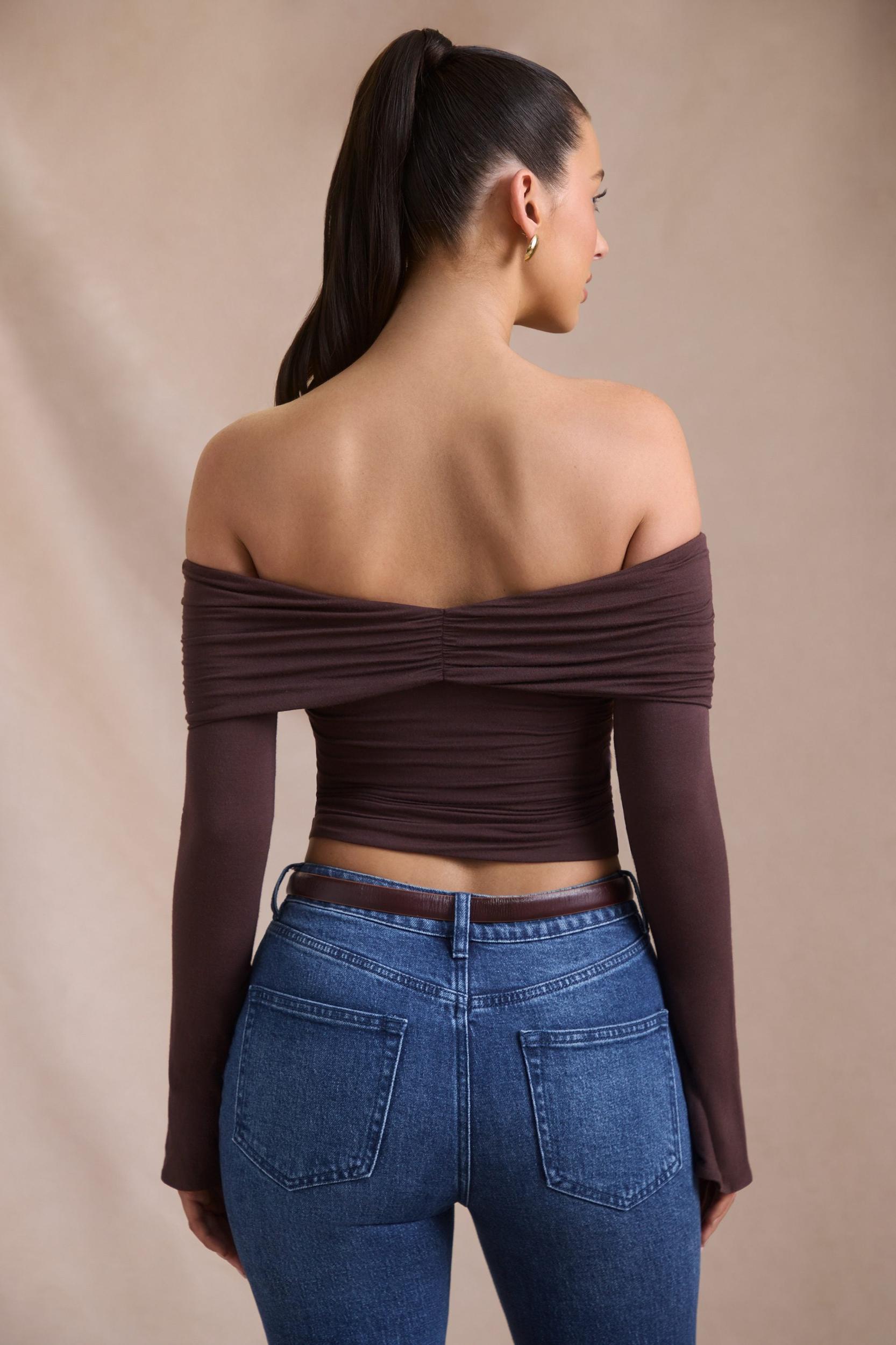 Modal-Cashmere Blend Off-Shoulder Ruched Top in Espresso Product Image