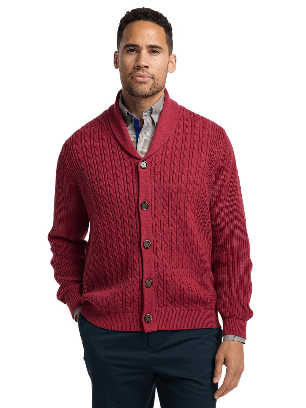 Cotton Cable Button Front Shawl Collar Cardigan - Burgundy Product Image