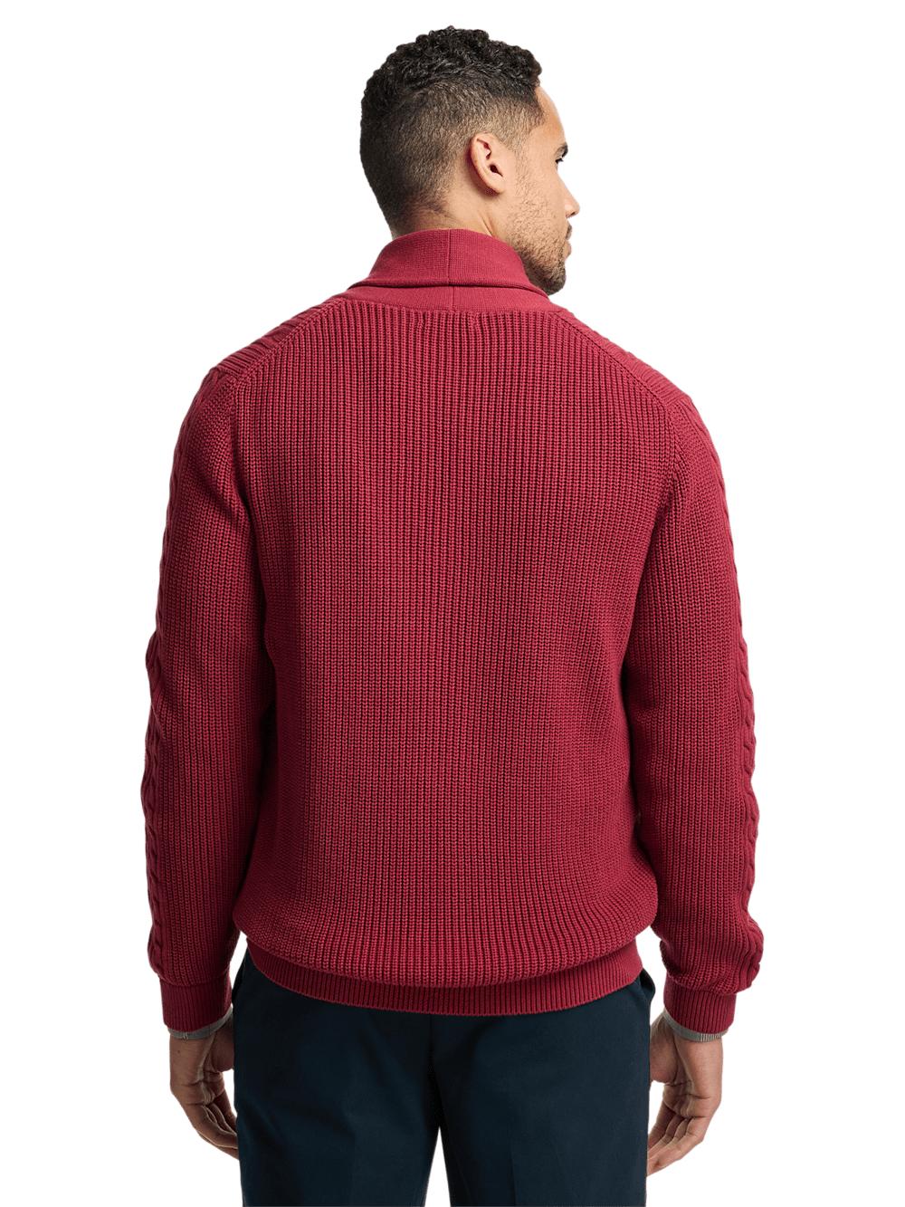 Cotton Cable Button Front Shawl Collar Cardigan - Burgundy Product Image