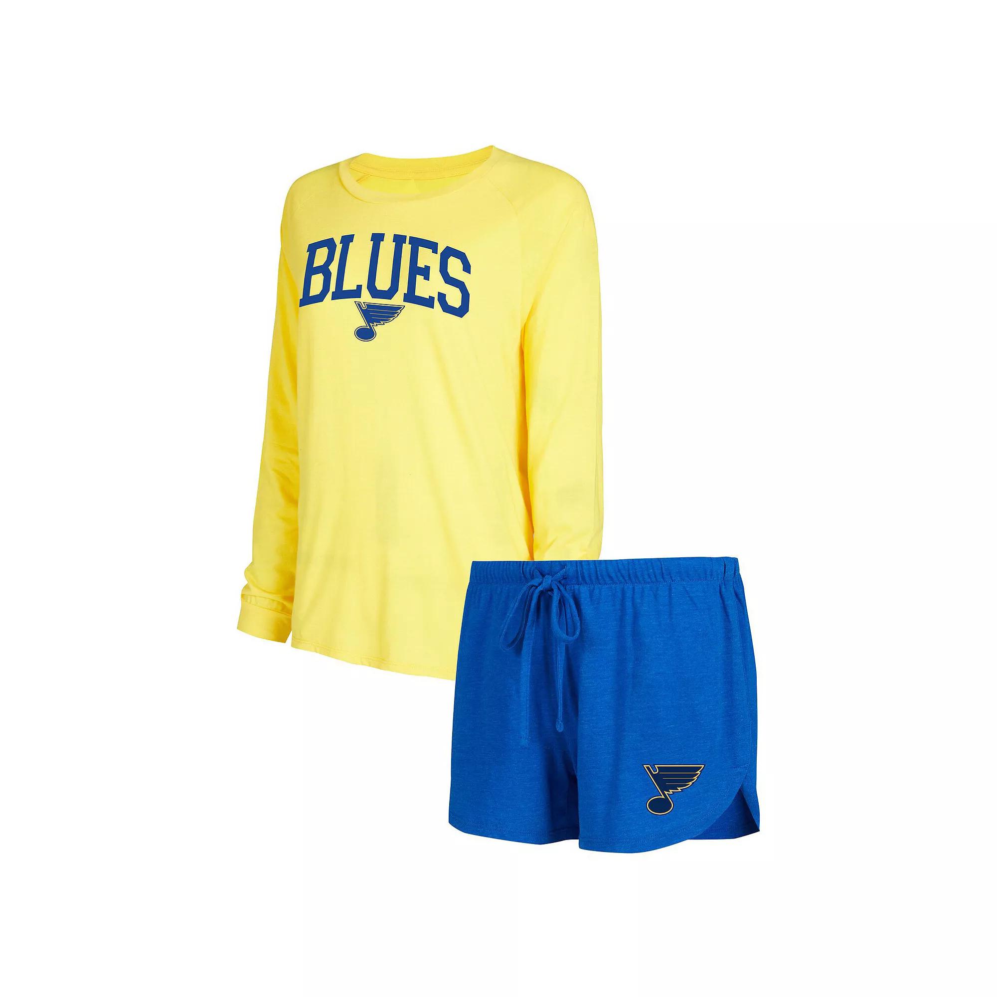 Women's Concepts Sport Blue/Gold St. Louis Blues Meter Knit Long Sleeve Raglan Top & Shorts Sleep Set, Size: Medium Product Image