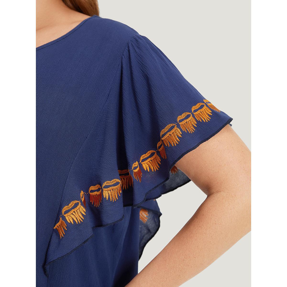 Plus Size Indigo Contrast Embroidered Ruffle Trim Crew Neck Blouse Women Elegant Short sleeve Round Neck Dailywear Blouses BloomChic 14-16/1X Product Image
