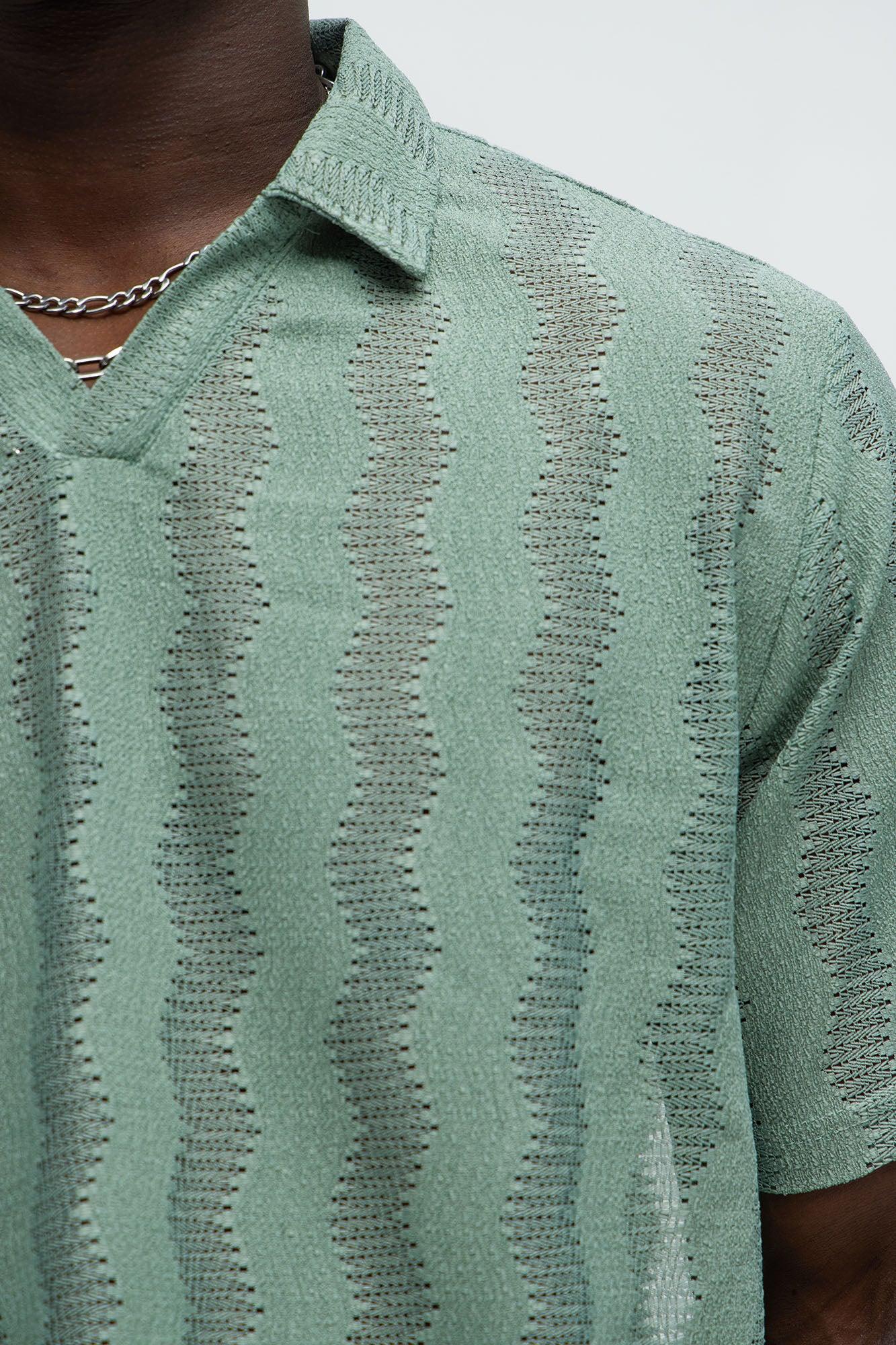 Wavy Crochet Lightweight Johnny Collar Shirt - Green Product Image