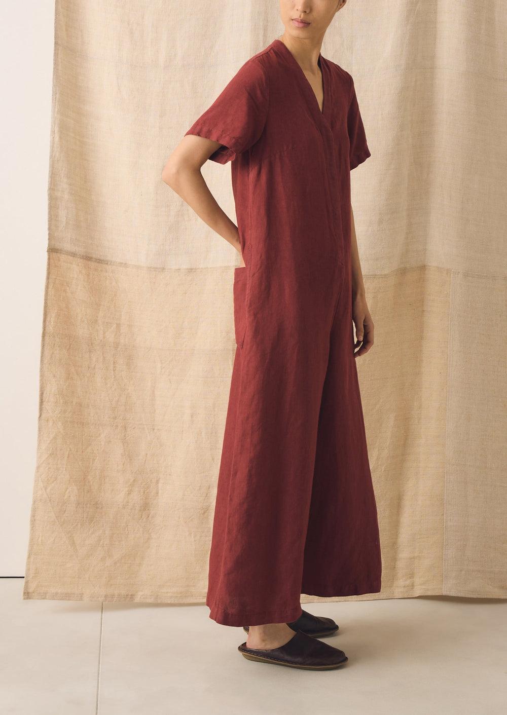 V Neck Garment Dyed Linen Jumpsuit | Tomato Red Product Image