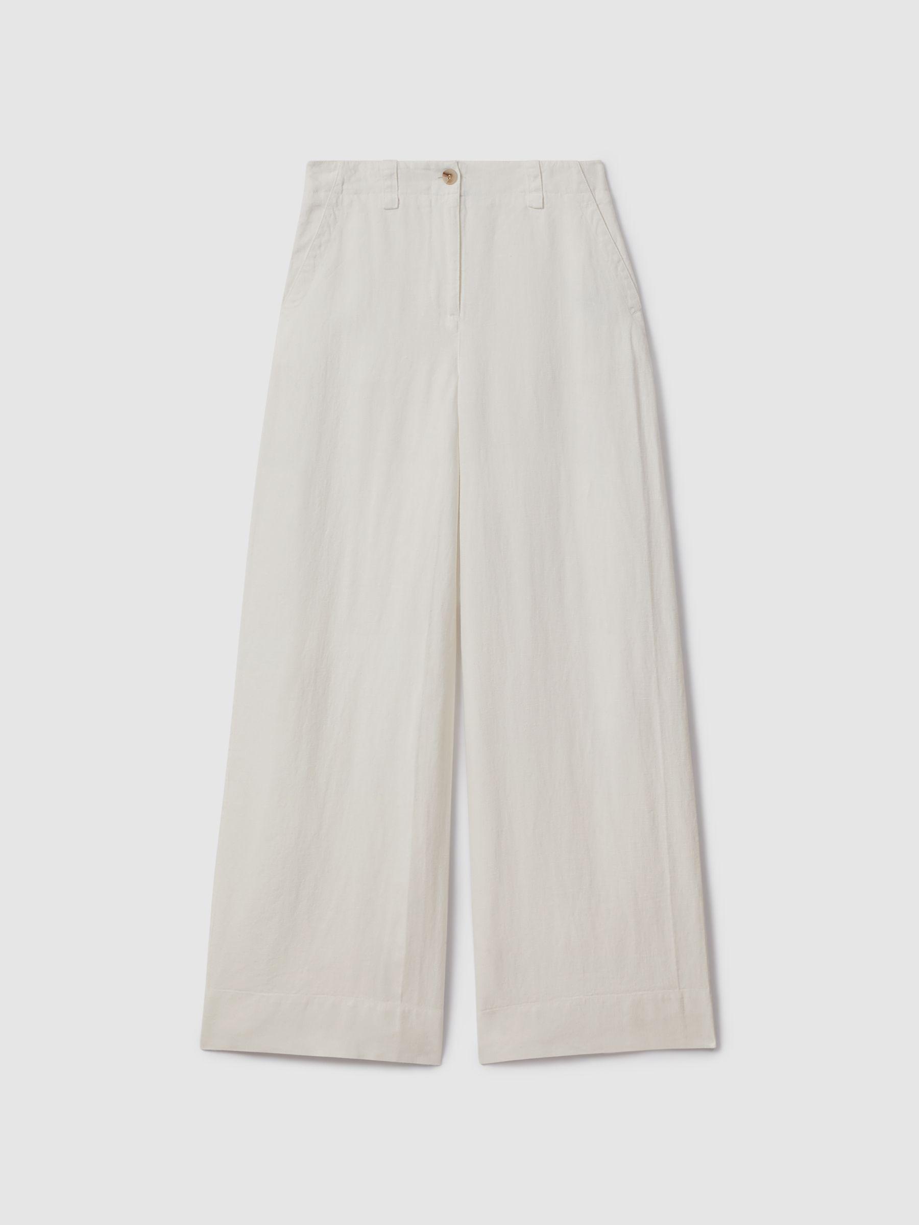 Linen Wide Leg Garment Dyed Trousers in White Product Image