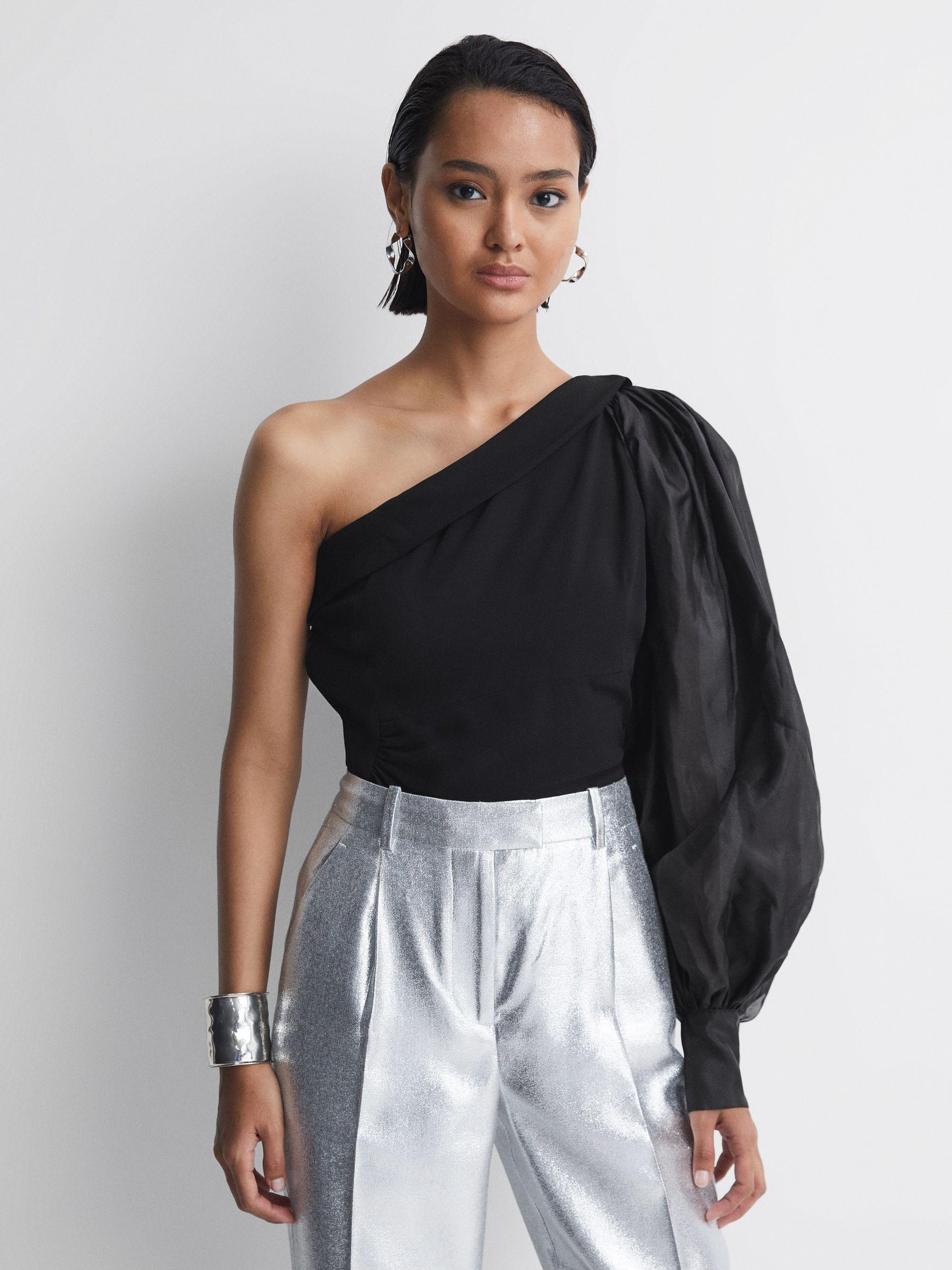 One-Shoulder Blouson Sleeve Ruche Top in Black Product Image