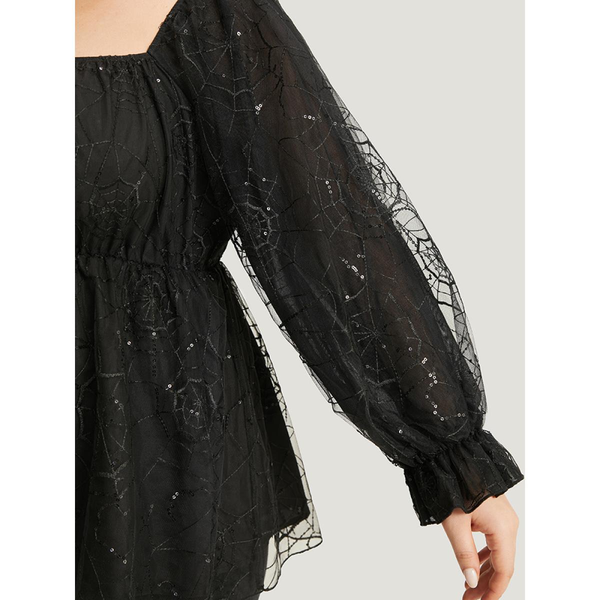 Plus Size Black Halloween Square Neck Spider Web Crochet Lace Mesh Blouse Women Glamour Long Sleeve Square Neck Festival-Halloween Blouses BloomChic 26/4X Product Image