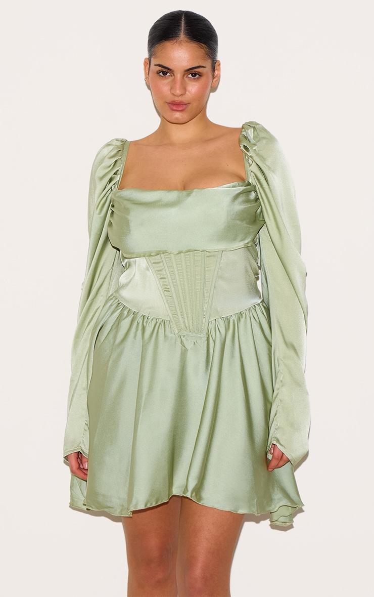 Plus Sage Green Satin Corset Detail Puffball Shift Dress Product Image