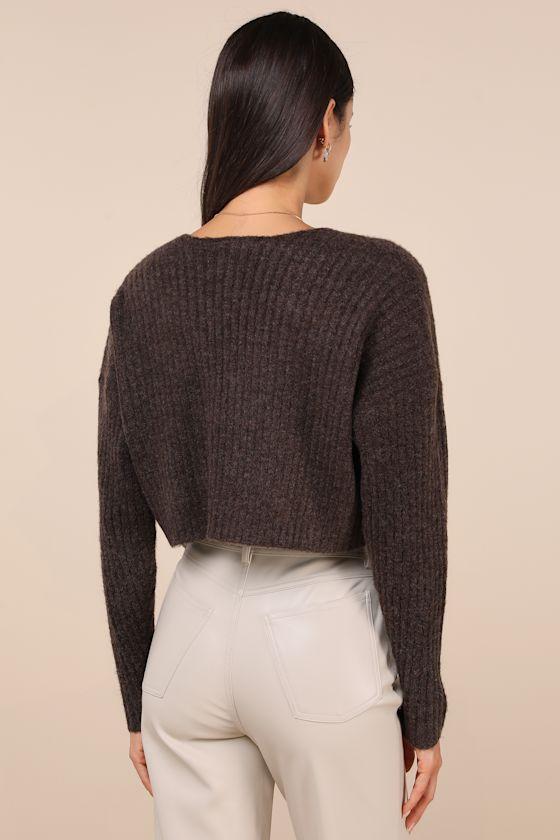 Comfy Cuteness Dark Brown Heathered Ribbed Knit Shrug Cardigan Product Image