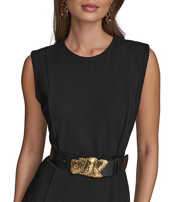 Donna Karan Crepe Crew Neck Sleeveless Belted Asymmetrical Hemline Midi Sheath Dress Product Image