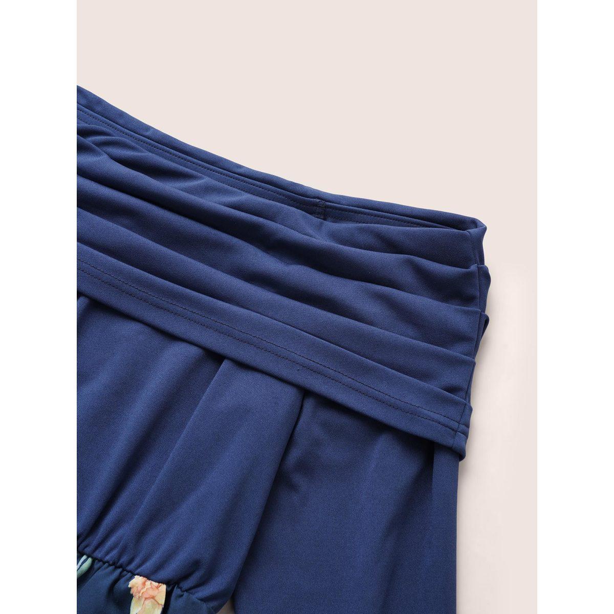 Plus Size Indigo Off Shoulder Floral Patchwork Ruched Belted Jumpsuit Women Elegant Long Sleeve One-shoulder neck Everyday Loose Jumpsuits BloomChic 12/L Product Image