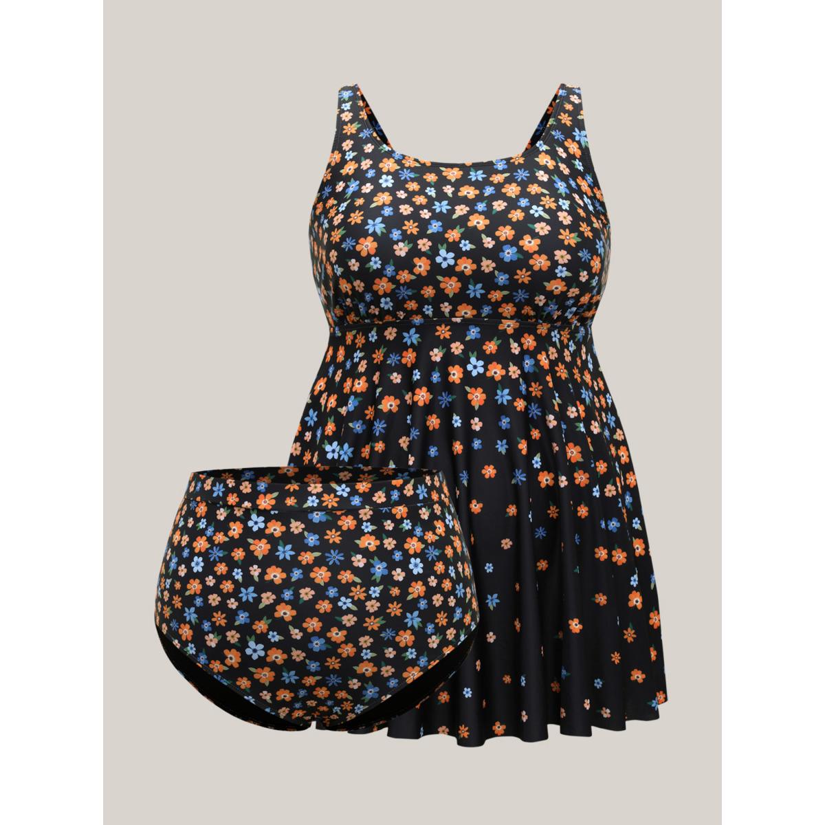 Plus Size Colorful Floral Print Adjustable Swim Dress Women's Swimwear Black Beach Bodycon U-neck High stretch Curve Swim Dresses BloomChic 18-20/2X Product Image