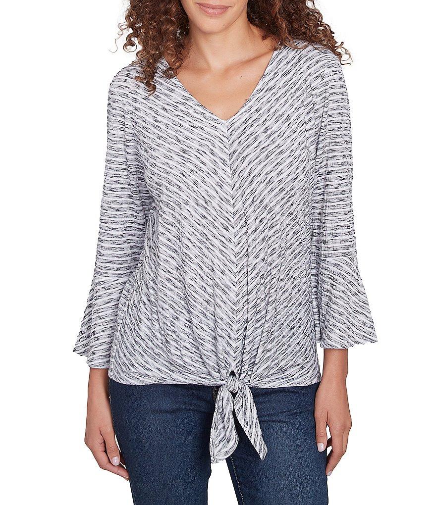Ruby Rd. Puckered Knit Stripe V-Neck 3/4 Sleeve Tie-Front Top Product Image