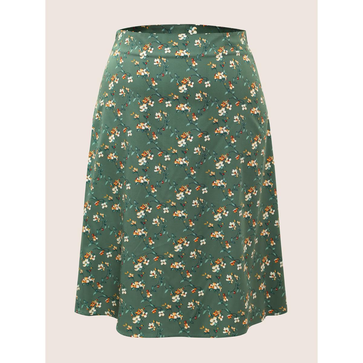 Plus Size Ditsy Floral Print Zipper Fly Cropped Skirt Women Mint Elegant Non No stretch Everyday Skirts BloomChic 14-16/1X Product Image